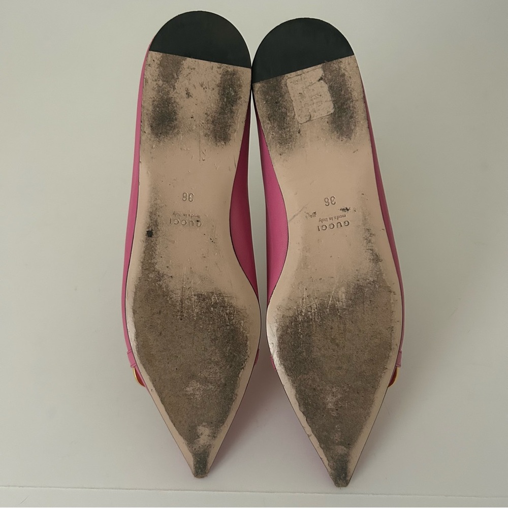 Gucci Nappa Lumiere Pink Leather Point Toe Horsebit Silver Chain Ballet Flats 36 - Picture 10 of 10
